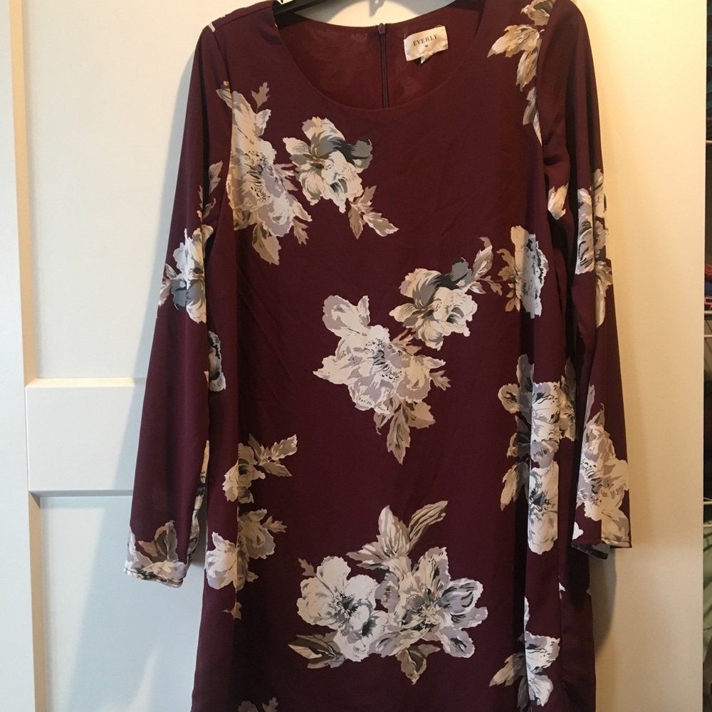 Maroon + Floral Long Sleeve Shift Dress